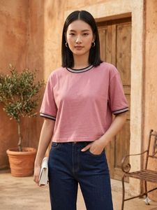 Pink Cropped T-Shirt with Striped Trim