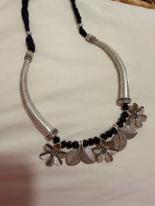 Silver Oxidized Necklace with Floral Design