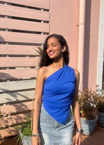 Stylish One-Shoulder Ruched Blue Top