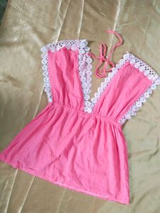 Pink Cotton Blouse with Lace Trim