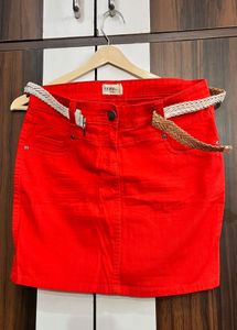 Vibrant Orange Denim Skirt with Belt