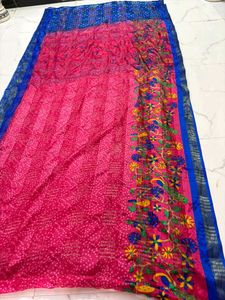 Beautiful Pink &amp; Blue Bandhani Saree