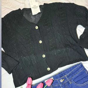 Black Cable Knit Button-Up Cardigan