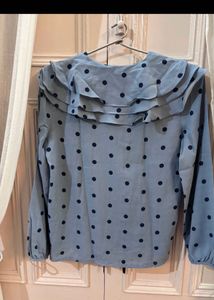 Chic Blue Polka Dot Ruffle Blouse
