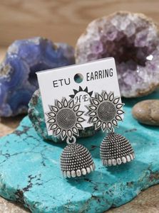 Boho Silver Sunflower Jhumka Earrings