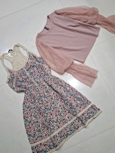 combo Floral Dress and Pink Top Set