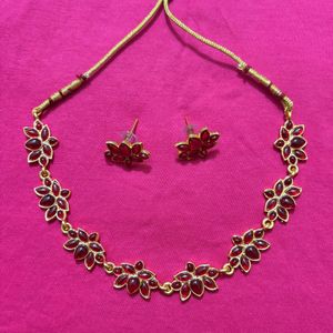 Elegant Red Stone Lotus Necklace & Earring Set