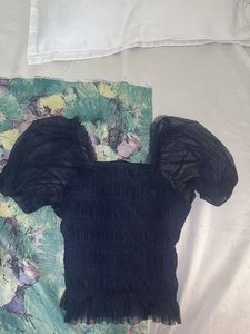 Navy Smocked Puff Sleeve Top