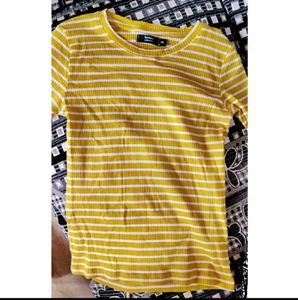 Lifestyle - Bosinni Yellow (Mustard &amp; White Stripped) Ribbed Top | In the Size XS Stretchable
