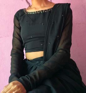 Pre draped black saree lehenga