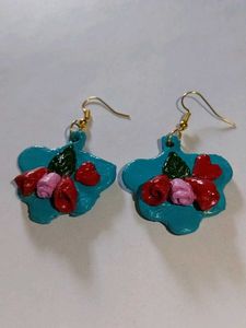 Handmade clay Teal Floral Earrings