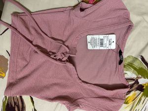 Pink Textured Lace-Up Crop Top