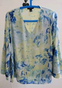 OLIVE GREEN &amp; FEROZE DIGITAL WASH-PRINT BELL SLEEVES TOP