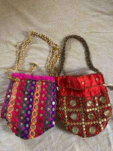 Embellished Potli Bags Set - Red and Pink