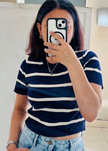 Striped Blue &amp; White Knit Top