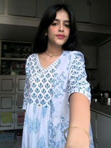 Blue &amp; White Print Kurti + Dupatta Set