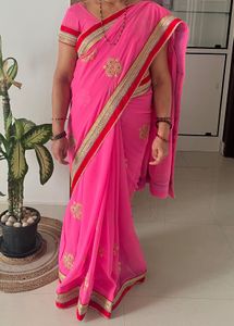 Bubblegum Pink Saree Heavy work & Red velvet borde