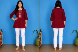 Maroon Embroidered Kurti with grey jeans