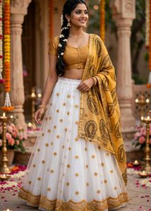 White & Mustard gold Lehenga Choli
