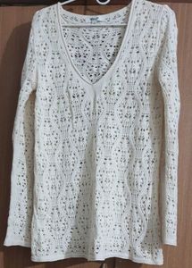 Cream Textured V-Neck Long Sleeve Kitted Top