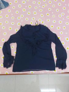 Elegant Navy Blue Ruffle Blouse