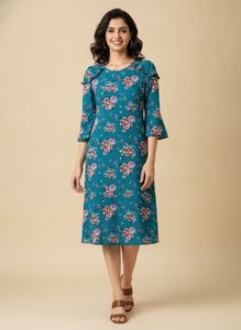 Teal Floral Print Bell Sleeve Dress