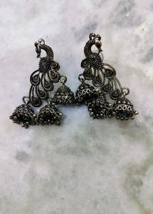 Pair Of Oxidised Peacock Jhumkis