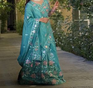 Beautiful Blue Floral Lehenga Choli Set with jewel