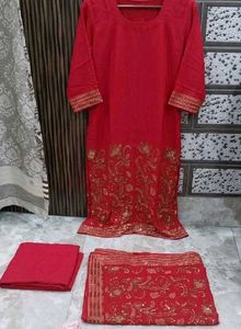 heavy Red Embroidered Kurta Set