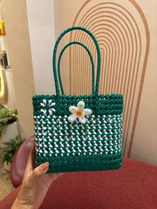 Green Woven Tote Bag with Flower