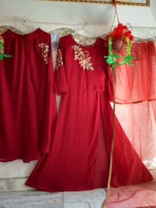 Red Embroidered Anarkali With Plazzo And Duppata