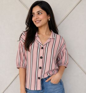 Pink Striped Puff Sleeve Top