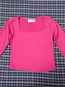 Hot Pink Square Neck Long Sleeve Zara Top