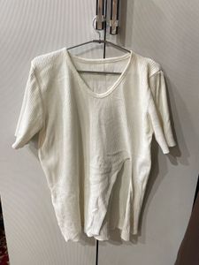 Cream Ribbed V-Neck Tunic Top