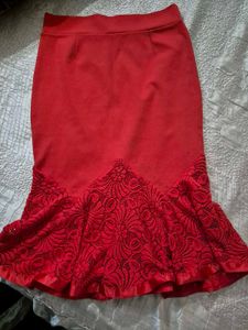 Red Lace Trim Pencil Skirt