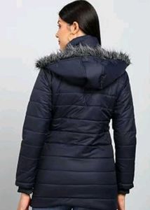 Navy Puffer Jacket with Fur Hood