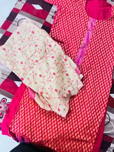 Elegant Red &amp; Cream Kurta Set with Dupatta