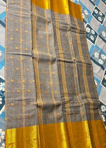 Grey Cotton Tant Saree with Golden Border