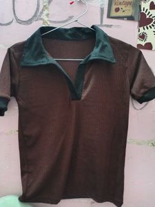 Brown Ribbed Collared Top