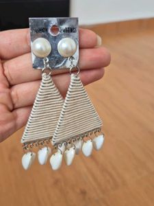 Unique Triangle Earrings with Pearl & Shell Drops