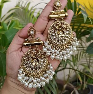 Gold-Plated Chandbali Earrings Pearl Earring Bride