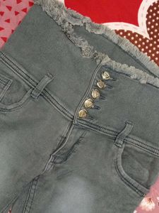 Gray Denim Jeans with Frayed Hem