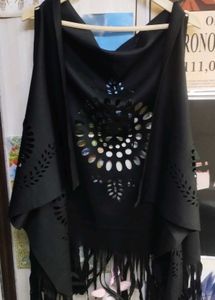 Black Embroidered Cape with Tassels