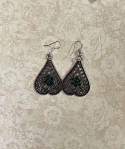 Beautiful Oxidised Silver &amp; Green Earrings