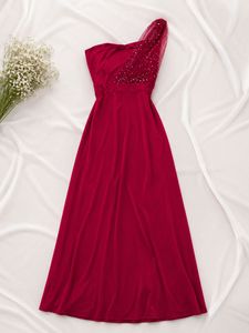 Red One-Shoulder Beaded Maxi Dress