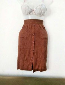 Brown Button-Front Midi Skirt