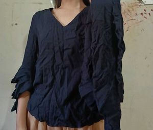 Navy Blue Ruffled Sleeve Top