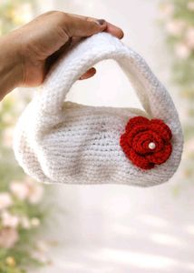 Handmade White Crochet Clutch with Rose