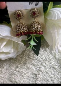 Elegant Gold-Tone &amp; Ruby Jhumka Earrings
