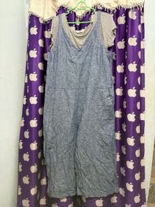 Cute Blue Linen Jumpsuit w/ Striped Tee
